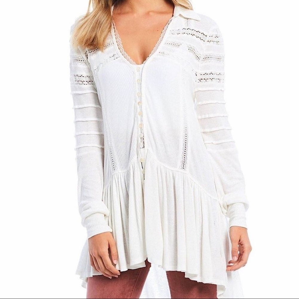 Free People Set To Stun Lace Inset Top White Tunic New NWT